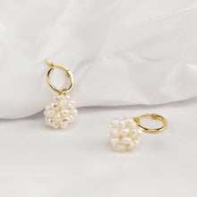 Load image into Gallery viewer, Cluster pearl hoops, gold pearl hoops, dangle, drop pearl earring, dainty huggie hoop, mini, baroque, white pearls, boho, bridal, bride, 925