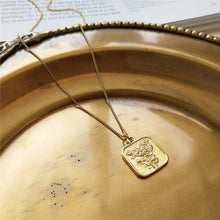 Load image into Gallery viewer, FLORA - Vintage gold square necklace, rounded corners gold coin pendant flower necklace boho long stacking necklace floral 925 silver
