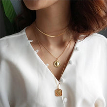 Load image into Gallery viewer, FLORA - Vintage gold square necklace, rounded corners gold coin pendant flower necklace boho long stacking necklace floral 925 silver