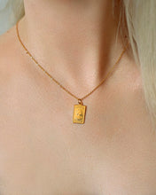 Load image into Gallery viewer, Rectangular queen pendant, dainty gold necklace, vintage style, silver dollar, gold rectangle bar, Elizabeth II coin, boho stacking necklace