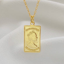 Load image into Gallery viewer, Rectangular queen pendant, dainty gold necklace, vintage style, silver dollar, gold rectangle bar, Elizabeth II coin, boho stacking necklace