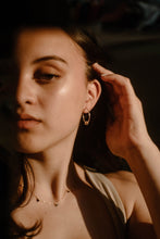 Load image into Gallery viewer, Flower knot hoops, gold hoop earrings, dainty gold hoops, star knot hoops, unique hoops, boho hoops, stacking hoops, medium hoops