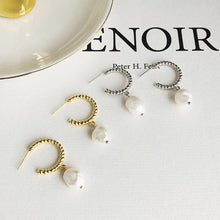 Load image into Gallery viewer, Baroque pearl hoops, vintage style, pearl drop earrings, gold c hoops, twist hoop, spiral wreath hoop, wedding earring, bridal, silver 925