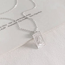 Load image into Gallery viewer, Rectangular queen pendant, dainty gold necklace, vintage style, silver dollar, gold rectangle bar, Elizabeth II coin, boho stacking necklace