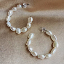 Load image into Gallery viewer, Statement baroque pearl hoop, vintage style, large c earrings, boho bride, bridesmaids, wedding earring, genuine white pearls, 925 silver