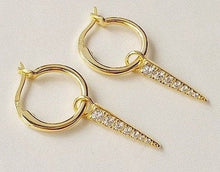 Load image into Gallery viewer, CZ pointy hoop, gold spike charm, dainty huggie earring, dangling cubic zirconia, gold dagger earring, sharp triangle, pointy pyramid, 925