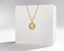 Load image into Gallery viewer, Wreath frame, round coin necklace, gold coin pendant, mirror, double sided, circle coin necklace, stacking, vintage, boho coin necklace, 925