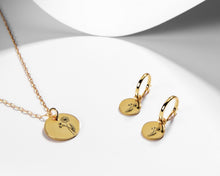 Load image into Gallery viewer, Birth Month Flower EARRINGS - dainty flower coin pendant gold huggie hoop earrings horoscope astrology birth month zodiac personalized gift