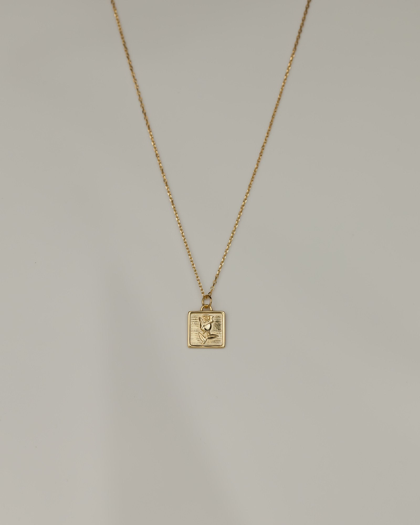 Square rose coin necklace, brushed textured, vintage style, gold