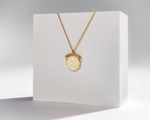 Load image into Gallery viewer, Roman arc coin, ancient medallion, gold coin necklace, hammered coin, vintage coin, hinged pendant, molten gold, organic shape, boho, 925