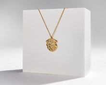 Load image into Gallery viewer, Roman arc coin, ancient medallion, gold coin necklace, hammered coin, vintage coin, hinged pendant, molten gold, organic shape, boho, 925