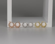 Load image into Gallery viewer, EMMA - Gold croissant twist rope mini dome hoop small bold earrings chunky weave spiral crescent Dôme entwine wreath rose gold vintage