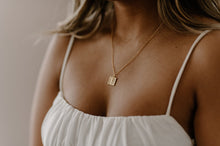 Load image into Gallery viewer, Square rose coin necklace, brushed textured, vintage style, gold coin pendant, flower pendant, boho stacking, geometric rose necklace 925