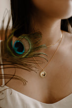 Load image into Gallery viewer, Wreath frame, round coin necklace, gold coin pendant, mirror, double sided, circle coin necklace, stacking, vintage, boho coin necklace, 925