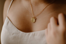 Load image into Gallery viewer, HARPER - Ancient medallion coin necklace, gold circle pendant vintage roman arc coin hinged organic molten necklace stacking stack 925