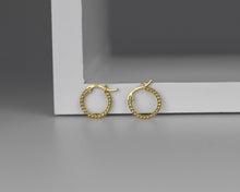 Load image into Gallery viewer, Twist rope huggie hoop, dainty gold hoops, spiral hoops, classic mini hoops, vintage style hoops, wreath hoops, twist hoops, lightweight