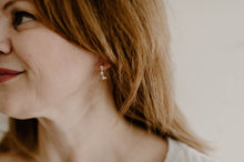 Load image into Gallery viewer, Orb pearl hoop earrings, molten organic gold hoops, mini huggie hoops, dainty pearl hoops, sunshine, wedding bridal pearl, vintage earring