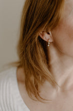 Load image into Gallery viewer, Orb pearl hoop earrings, molten organic gold hoops, mini huggie hoops, dainty pearl hoops, sunshine, wedding bridal pearl, vintage earring