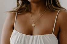 Load image into Gallery viewer, Square rose coin necklace, brushed textured, vintage style, gold coin pendant, flower pendant, boho stacking, geometric rose necklace 925