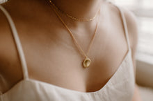 Load image into Gallery viewer, Wreath frame, round coin necklace, gold coin pendant, mirror, double sided, circle coin necklace, stacking, vintage, boho coin necklace, 925