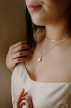 Load image into Gallery viewer, Wreath frame, round coin necklace, gold coin pendant, mirror, double sided, circle coin necklace, stacking, vintage, boho coin necklace, 925