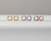 Load image into Gallery viewer, Dainty gold huggie hoops, ribbon twist, clicker hoop earrings spiral twist, gold entwine, boho hoops, wreath hoops, rose gold, 925 silver