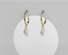 Load image into Gallery viewer, Pearl dangle hoops, dangling baroque pearl earrings, genuine pearls, c hoops, vintage gold hoops, bridal, wedding, bridesmaid, 925 silver