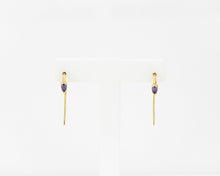 Load image into Gallery viewer, CZ drop wire earring, amethyst huggie hoop, drop hoop earring, unique dainty earring, pear cut cz, dainty gold earring, February birthstone
