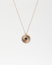 Load image into Gallery viewer, Vintage sunbeam necklace, large sunburst, gold coin pendant, cz sapphire, ancient medallion, statement, sunshine, eternal spiral boho circle