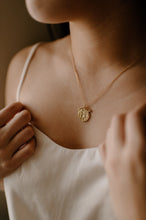 Load image into Gallery viewer, Roman arc coin, ancient medallion, gold coin necklace, hammered coin, vintage coin, hinged pendant, molten gold, organic shape, boho, 925
