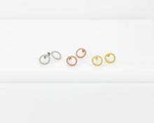 Load image into Gallery viewer, Spiral circle earrings, laurel wreath, twist rope stud earrings, 18k gold, rose gold, white gold (silver) vintage, minimalist circle stud