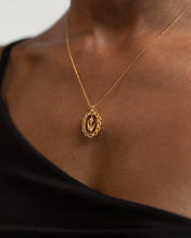 Load image into Gallery viewer, Oval rose necklace, flower coin necklace, oval flower pendant, suspended, dangling, tulip necklace, oval pendant, scalloped edge, floral