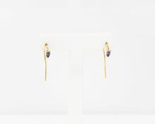 Load image into Gallery viewer, CZ drop wire earring, amethyst huggie hoop, drop hoop earring, unique dainty earring, pear cut cz, dainty gold earring, February birthstone