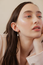 Load image into Gallery viewer, Pearl dangle hoops, dangling baroque pearl earrings, genuine pearls, c hoops, vintage gold hoops, bridal, wedding, bridesmaid, 925 silver