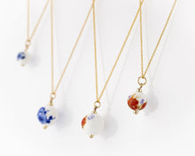 Load image into Gallery viewer, 40cm chain, porcelain flower necklace, 14K gold filled, ceramic floral bead pendant, red, blue flower, china, vintage, handcrafted, 14KGF