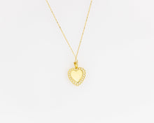 Load image into Gallery viewer, Scalloped heart pendant, vintage, filigree, gold mirror, heart necklace, ornate, antique, heart shaped pendant, heart coin necklace, unique