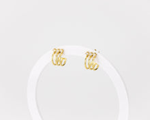 Load image into Gallery viewer, Layered cz mini hoop, 3 layer, 3 cz, huggie hoop earrings, dainty, stacked, small, gold hoop earring, tiny cz, boho hoops, bridal gift, 925