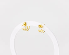 Load image into Gallery viewer, Layered cz mini hoop, 3 layer, 3 cz, huggie hoop earrings, dainty, stacked, small, gold hoop earring, tiny cz, boho hoops, bridal gift, 925