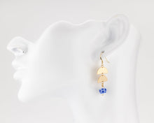 Load image into Gallery viewer, Porcelain flower dangle earrings, 14K gold filled, geometric, ceramic floral, bead pendant, drop earrings, blue, green flower, vintage,14KGF