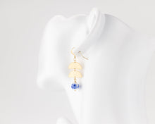 Load image into Gallery viewer, Porcelain flower dangle earrings, 14K gold filled, geometric, ceramic floral, bead pendant, drop earrings, blue, green flower, vintage,14KGF
