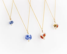 Load image into Gallery viewer, 40cm chain, porcelain flower necklace, 14K gold filled, ceramic floral bead pendant, red, blue flower, china, vintage, handcrafted, 14KGF