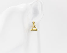 Load image into Gallery viewer, Triangle cz earrings, triangle drop, dangle earrings, tiny cz, layered, geometric pendant, minimalist cz earrings, 925