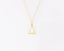 Load image into Gallery viewer, Triangle pearl necklace, dainty pearl pendant, triangular frame, tiny, small, white shell pearl, geometric, minimalist, bridal necklace, 925