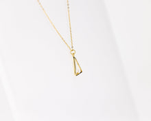 Load image into Gallery viewer, Triangle pearl necklace, dainty pearl pendant, triangular frame, tiny, small, white shell pearl, geometric, minimalist, bridal necklace, 925