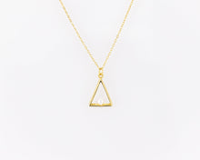 Load image into Gallery viewer, Triangle pearl necklace, dainty pearl pendant, triangular frame, tiny, small, white shell pearl, geometric, minimalist, bridal necklace, 925
