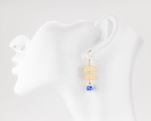 Load image into Gallery viewer, Porcelain flower dangle earrings, 14K gold filled, geometric, ceramic floral, bead pendant, drop earrings, blue, green flower, vintage,14KGF