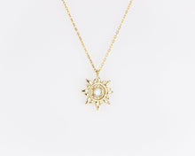 Load image into Gallery viewer, Sun moonstone necklace, star pendant, sunburst, sunshine, sun pendant, dainty moonstone, celestial, vintage, minimalist, boho pendant, 925