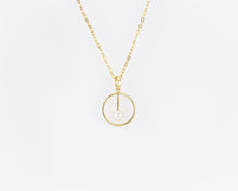 Load image into Gallery viewer, Dangling pearl circle necklace, circle pearl pendant, small, genuine, white shell pearl, minimalist necklace, bridesmaid, bridal gift, 925