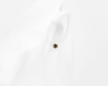 Load image into Gallery viewer, Black cz flower stud, mini cz stud, flower stud earrings, black diamond flower, floral, dainty, minimalist, cz earring, boho, vintage, 925