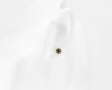 Load image into Gallery viewer, Black cz flower stud, mini cz stud, flower stud earrings, black diamond flower, floral, dainty, minimalist, cz earring, boho, vintage, 925